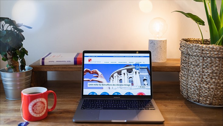 Ein Schreibtisch, auf dem einige Pflanzen, ein Laptop und ein Becher mit Tee steht.