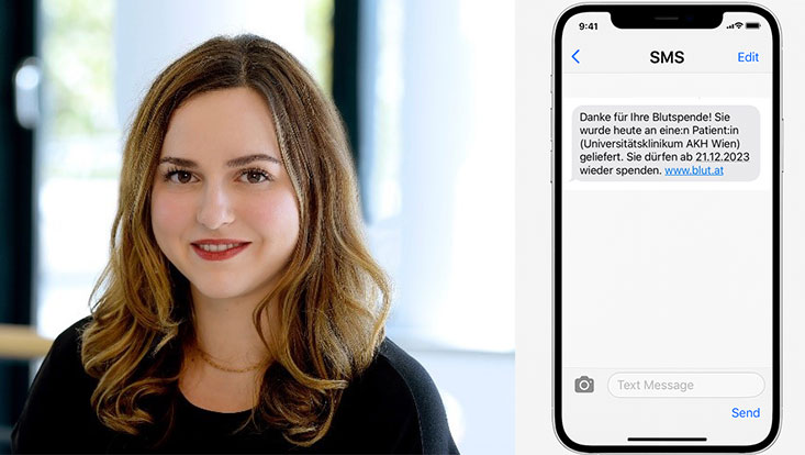 Junge Frau auf linker Seite, rechts ein Screenshot eines Handys zur Blutspende