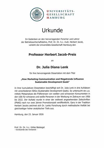 Urkunde Professor Herbert Jacob-Preis 2026
